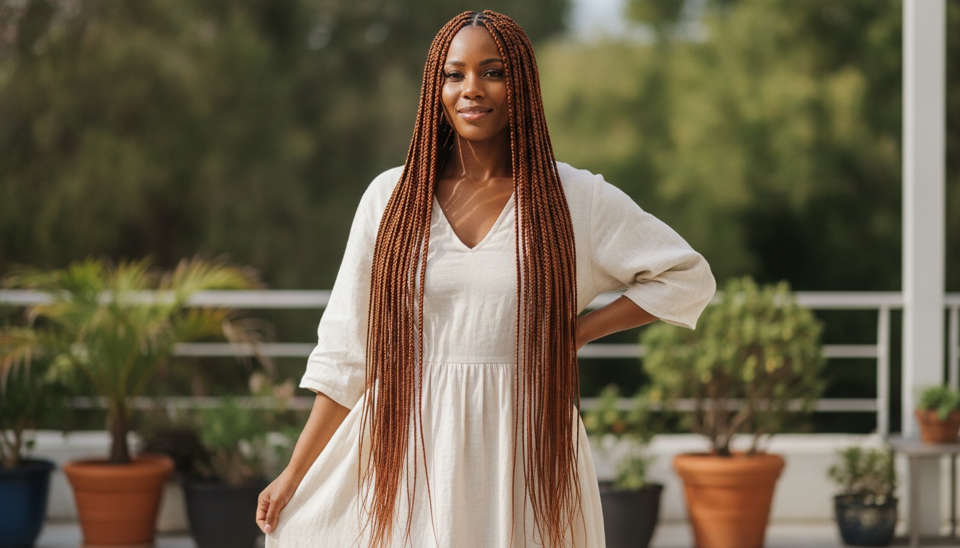 A smiling woman with very long copper-brown micro box braids wearing a cream dress outdoors.