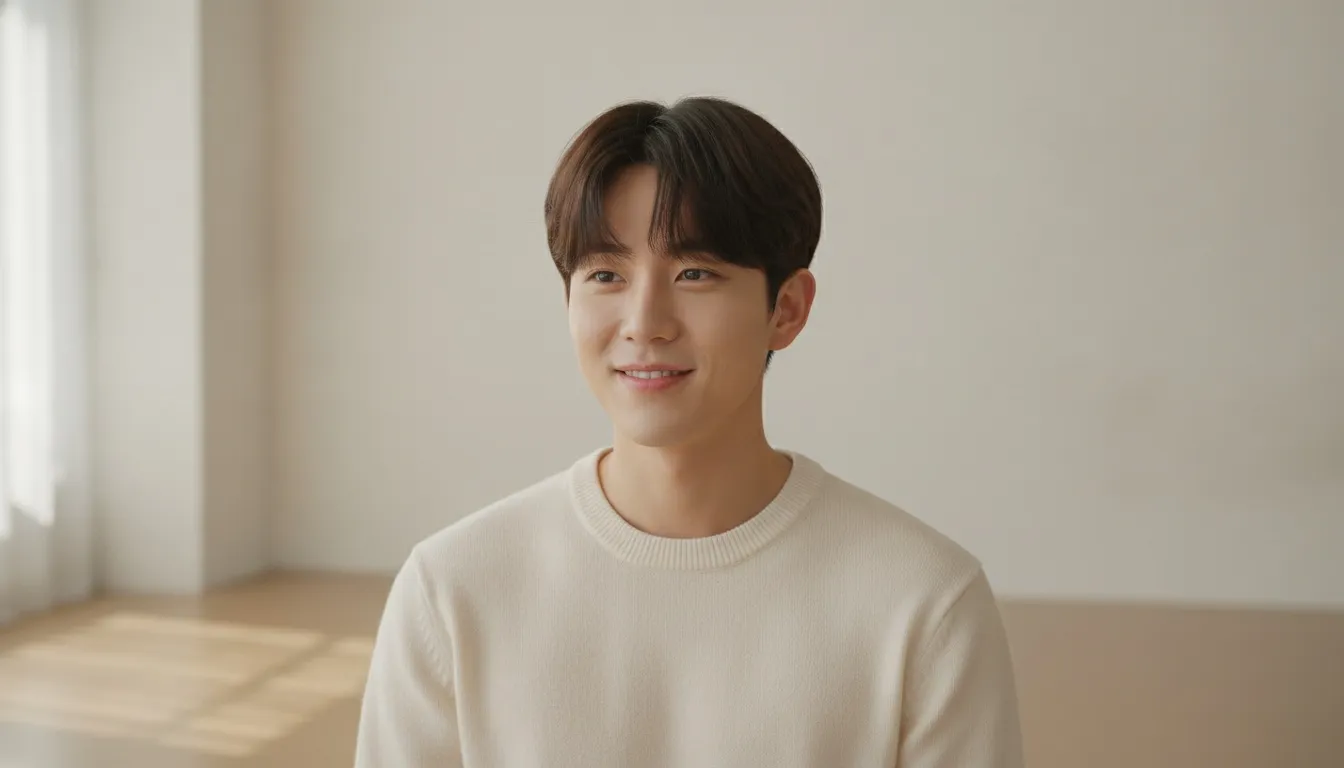 A young man with a stylish parted black haircut wearing a beige sweater in a bright studio.