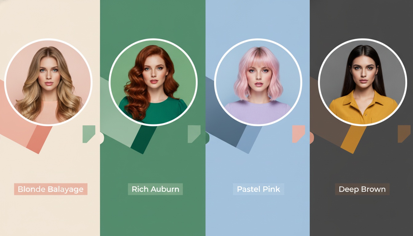 Four model portraits displaying blonde balayage, rich auburn, pastel pink, and deep brown hair colors.