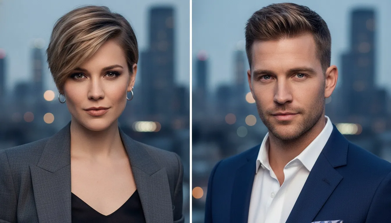 Side-by-side portraits of a woman with a modern blonde pixie haircut and a man with a styled trim.