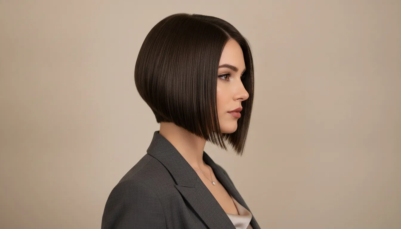 Side profile of a woman with a precise, dark brown asymmetrical bob haircut wearing a grey blazer.