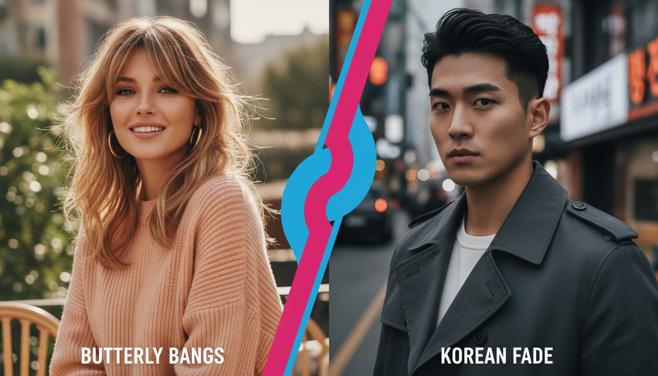A split-screen image displaying a woman with blonde butterfly bangs and a man with a Korean fade haircut.