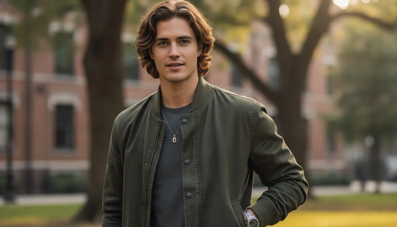 A young man with wavy brown hair wearing a green jacket outdoors, representing Hair Styles Usa services.