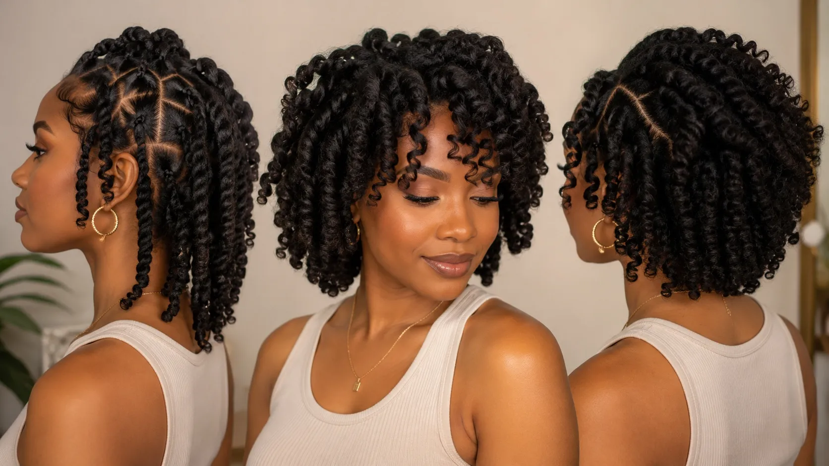 Three views of a Black woman showcasing defined twist-out and braid-out hairstyles with geometric parting, voluminous roots, and glossy curls.
