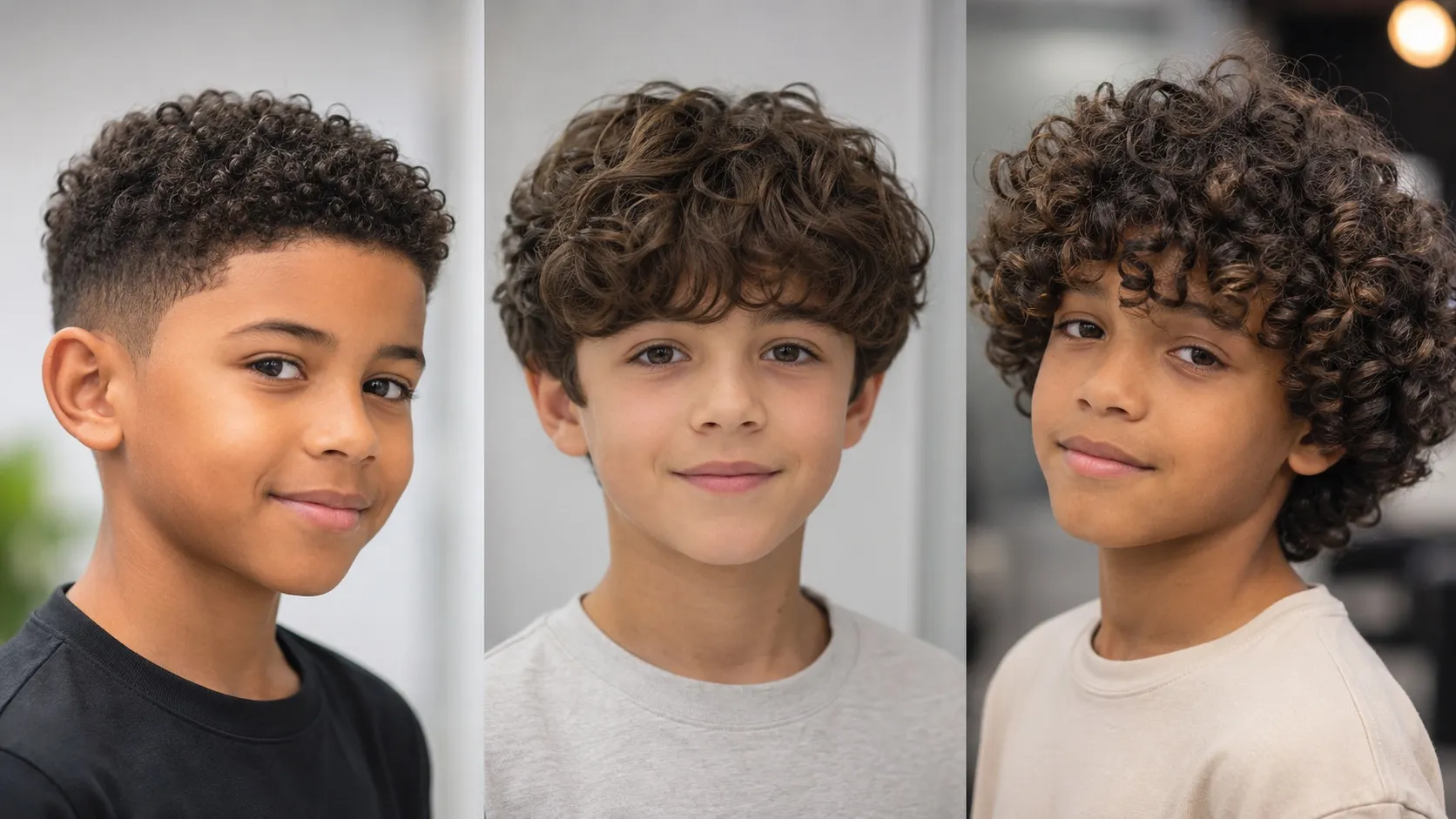Three young boys showcasing different low-maintenance curly hairstyles, including a short curly crop with faded sides, a curly fringe cut, and longer natural curls with a shaped trim.