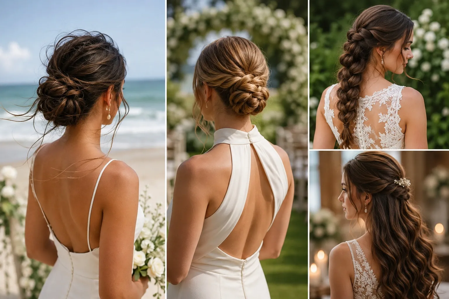 Collage of four bridal hairstyles showing elegant updos, braided styles, and loose waves suitable for outdoor beach, garden, and indoor wedding ceremonies.
