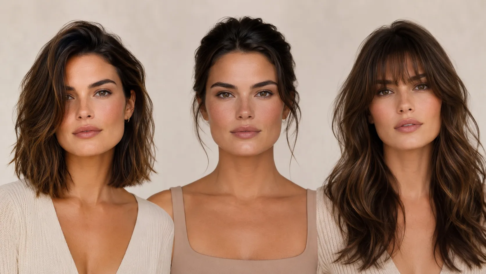 Three women with square face shapes showcasing a textured side-parted lob, a soft updo, and long waves with wispy bangs.