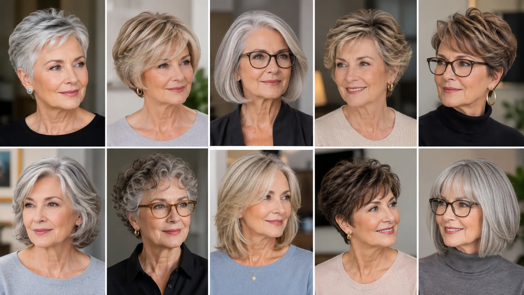 A collage of stylish women over 60 showcasing a variety of elegant short and medium hairstyles, including pixie cuts, layered bobs, textured crops, and shoulder-length styles, with natural gray, silver, blonde, and brunette hair.