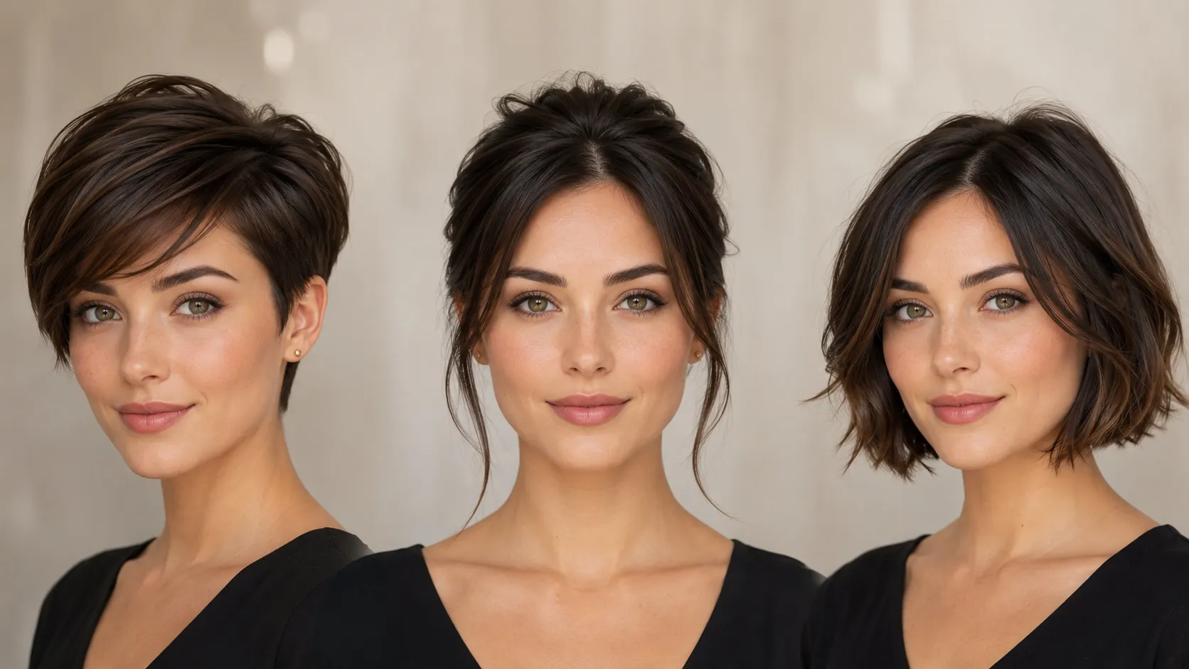 Three portraits of a woman with a heart-shaped face showing a side-swept pixie cut, a soft updo, and a chin-length textured bob.