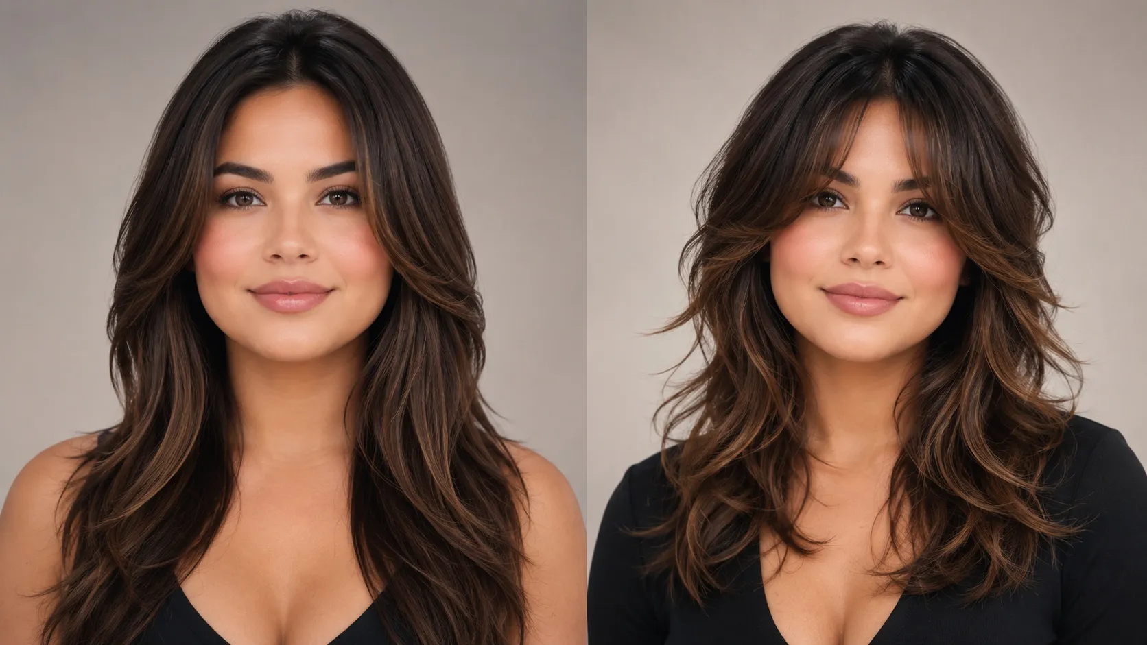 Side-by-side studio portraits of a woman with a round face wearing two flattering hairstyles: a long layered haircut and a textured shag with curtain bangs.