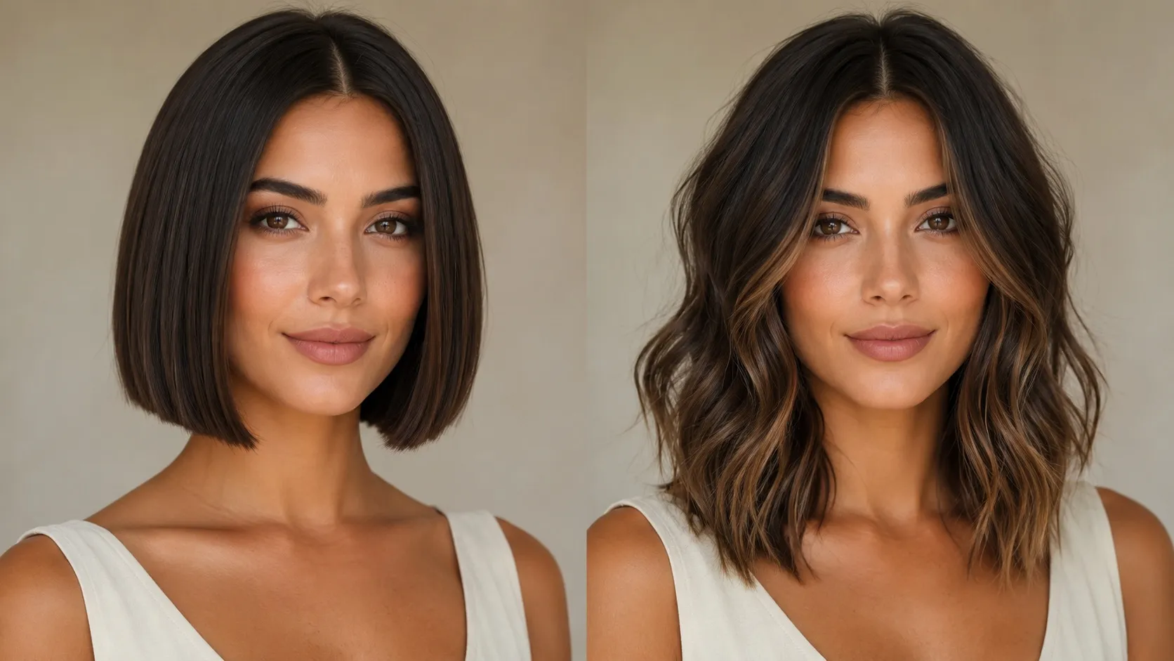 Side-by-side portraits of a woman with an oval face wearing a sleek blunt bob and center-parted beach waves.