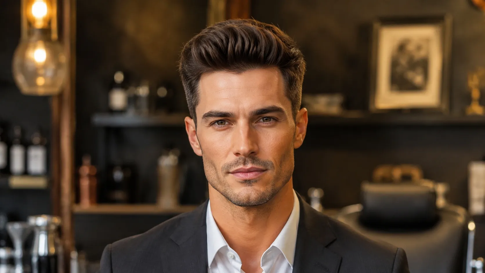 A stylish man with a diamond-shaped face wearing a textured quiff and low taper haircut in a modern barbershop.
