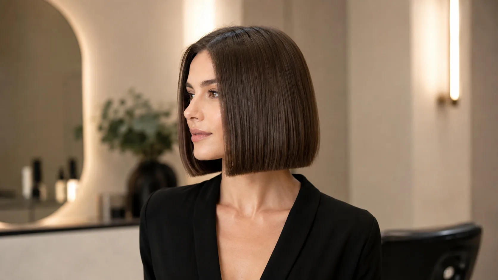 Woman with fine hair wearing a sleek, blunt box bob with crisp ends and a fuller-looking perimeter.
