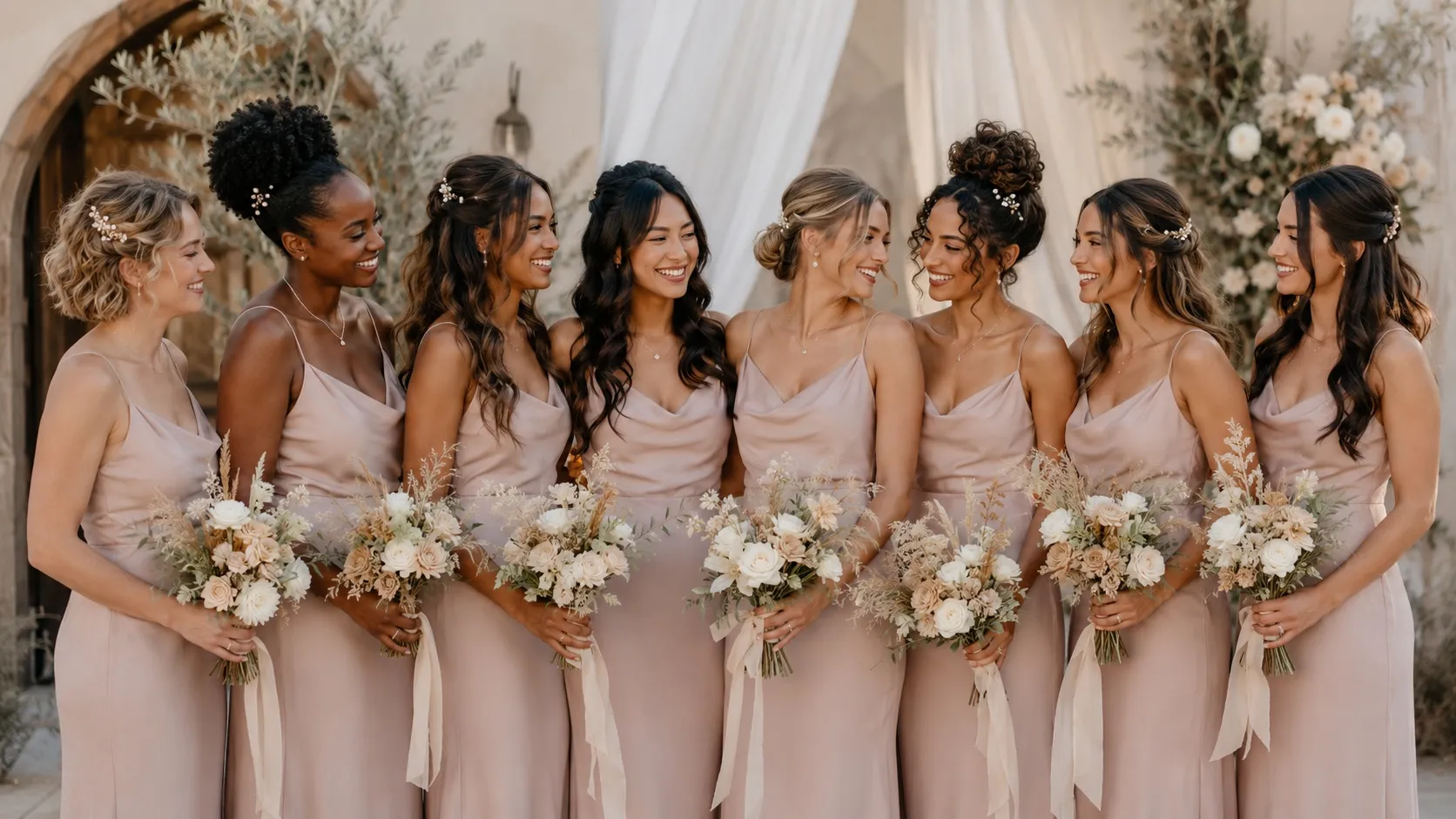Eight diverse bridesmaids in matching blush dresses pose together with neutral floral bouquets, each wearing a unique hairstyle with coordinating pearl accessories.