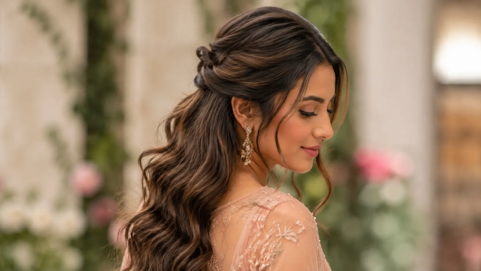 Elegant boho half-up half-down hairstyle with soft waves and a romantic look for weddings and special occasions