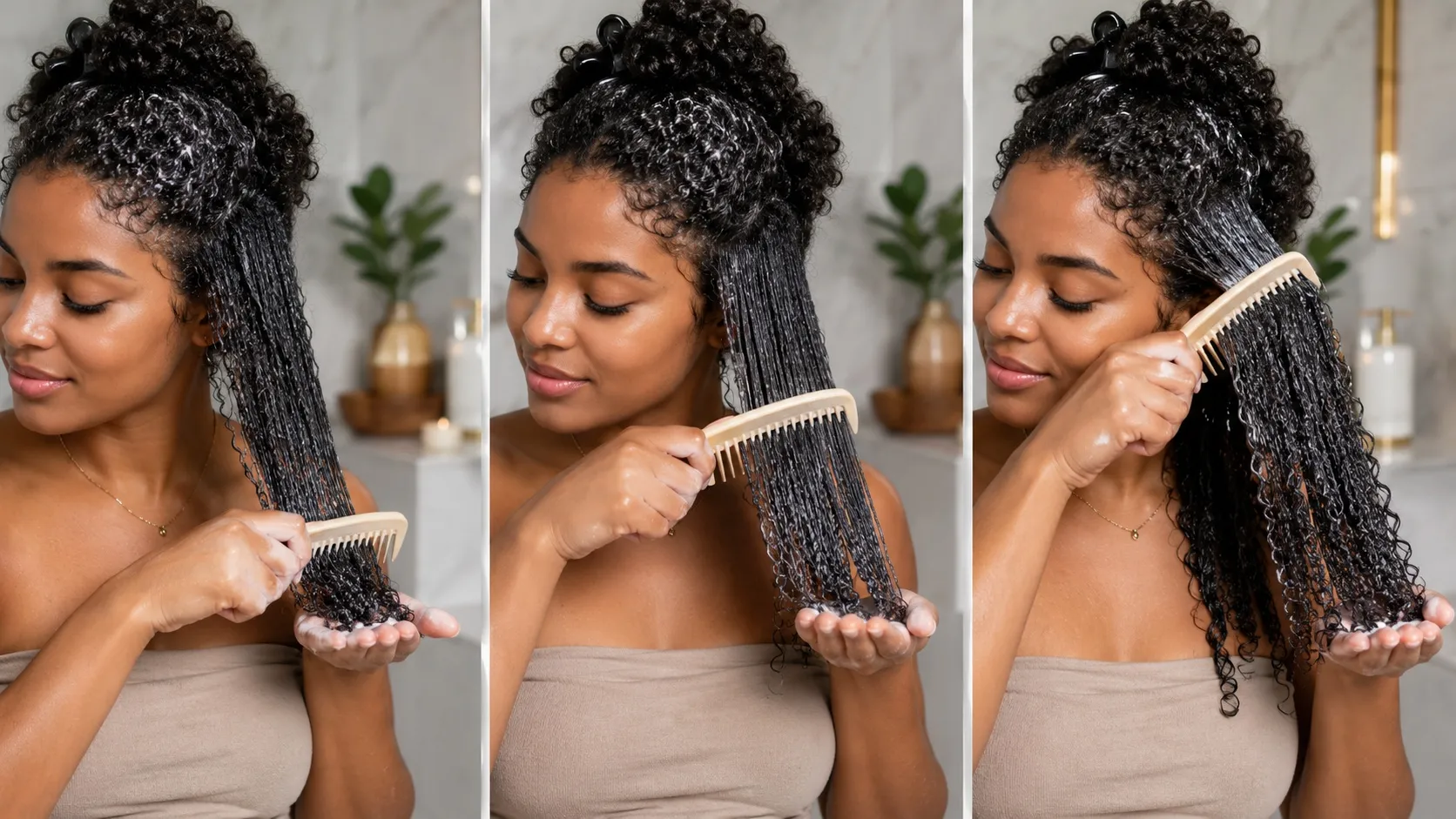 A three-step visual showing a woman gently detangling wet, conditioner-coated curly hair, starting at the ends, moving through the mid-lengths, and finishing near the roots.