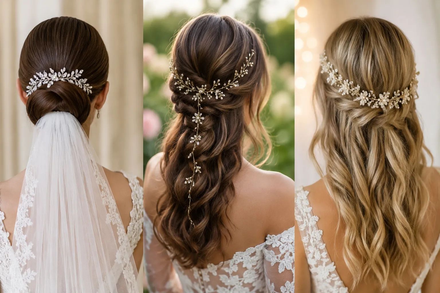 Three elegant bridal hairstyles featuring a classic low chignon with cathedral veil, a romantic half-up hairstyle with a delicate floral vine, and a soft bohemian half-up look with a bridal halo hair accessory.