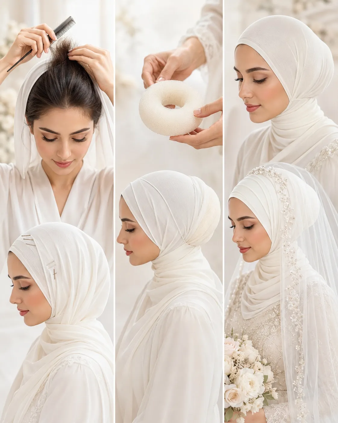 A text-free bridal hijab styling collage showing crown backcombing, a foam volumizer, a smooth undercap, and a finished white bridal hijab with an embellished veil.
