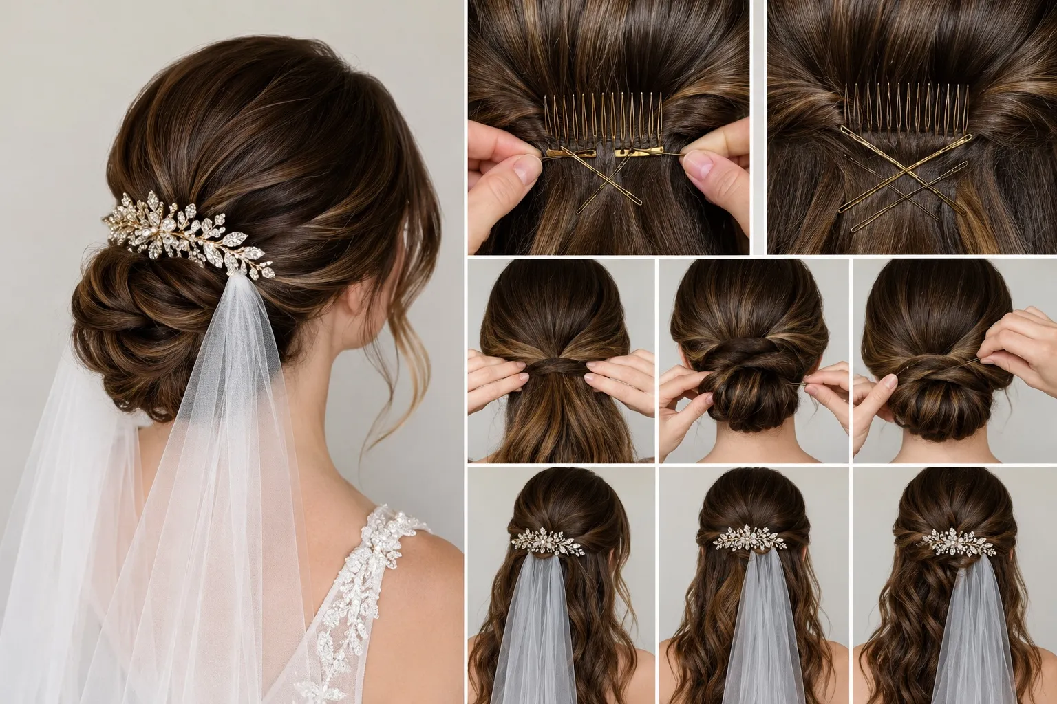 Step-by-step collage showing a structured bridal low bun with hidden crisscross bobby pins securing a heavy bridal hair comb for maximum support.