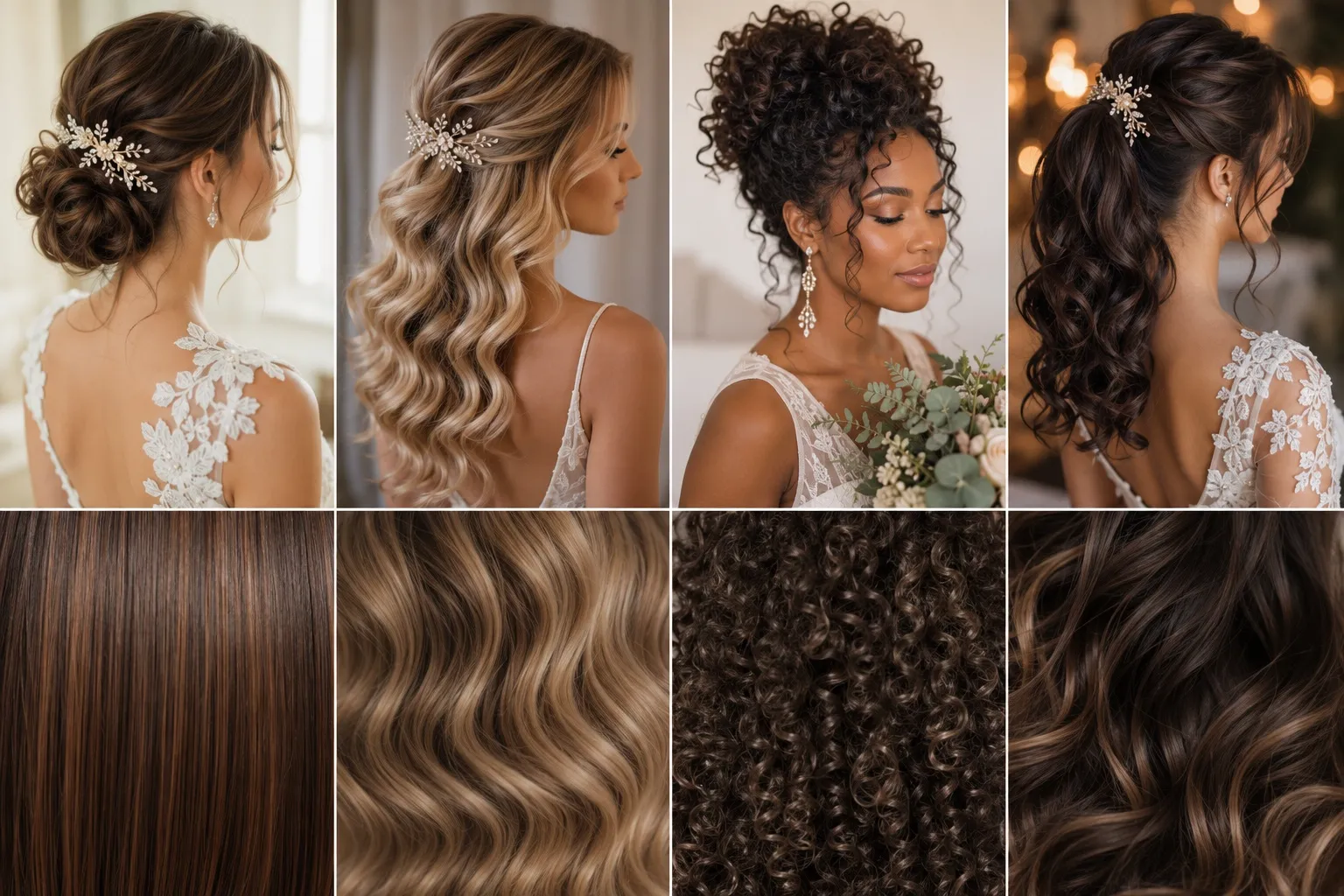 Grid collage showcasing four diverse bridal hairstyles with crystal accessories on top, alongside four distinct close-up swatches of straight, wavy, curly, and deep wavy hair textures below.