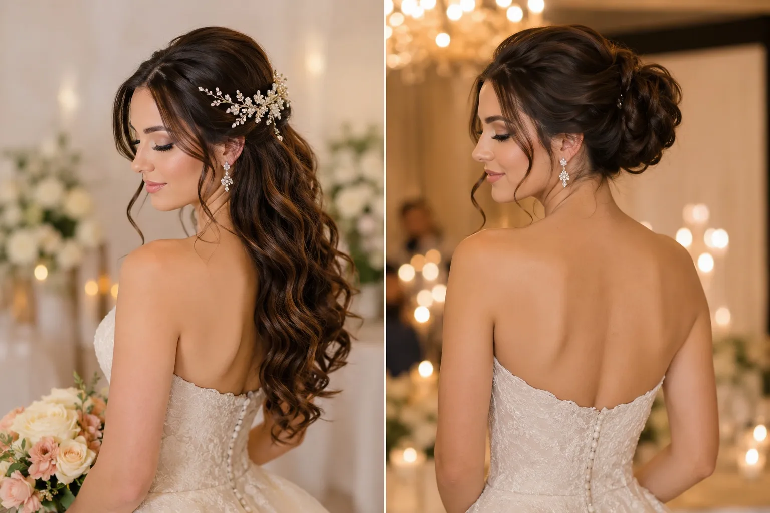 Side-by-side comparison of a bride wearing two bridal hairstyles&mdash;soft romantic waves for the ceremony and an elegant updo for the wedding reception.