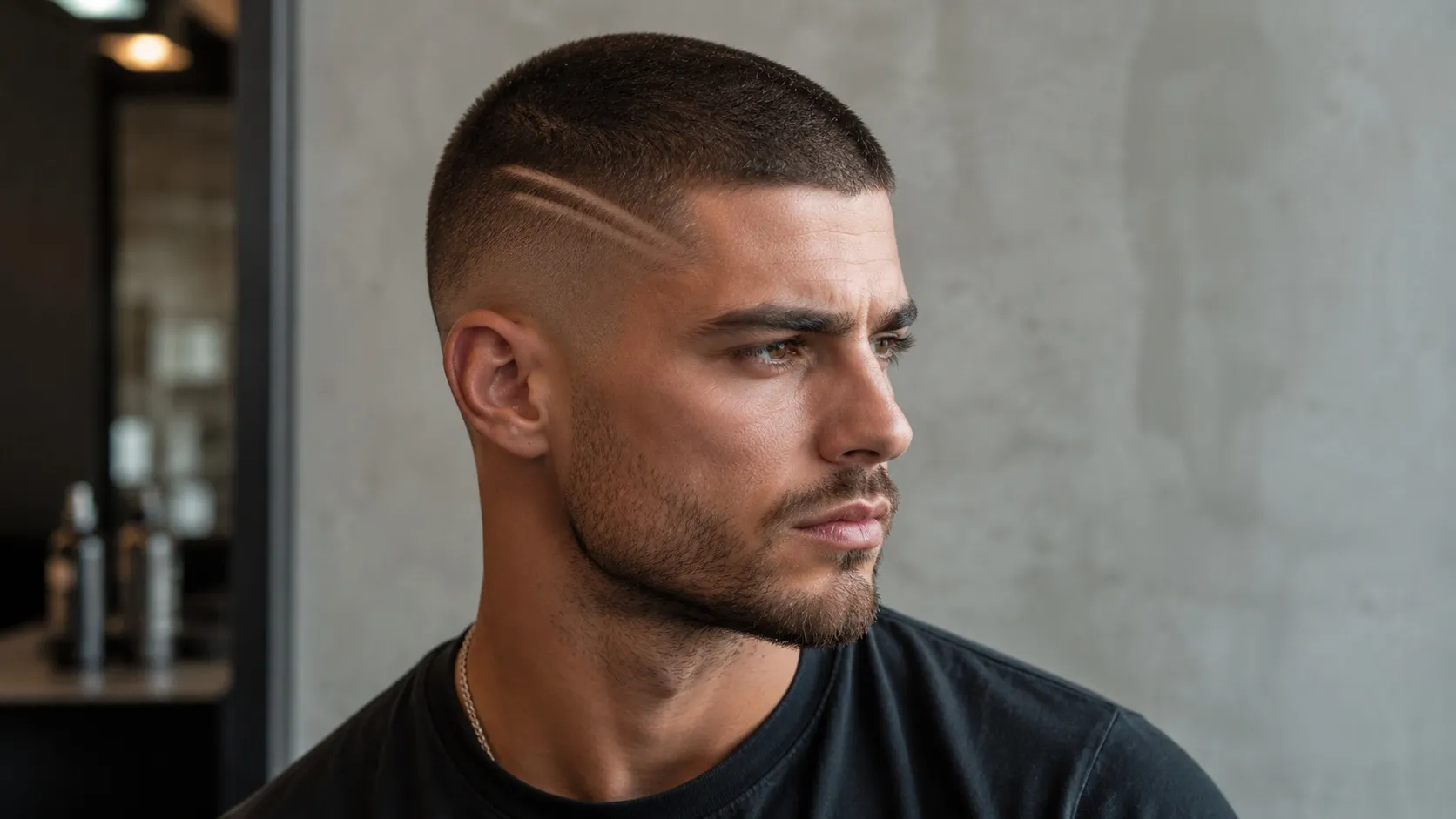 A stylish man with a sharp buzz cut, skin fade, and two clean shaved lines near the temple.