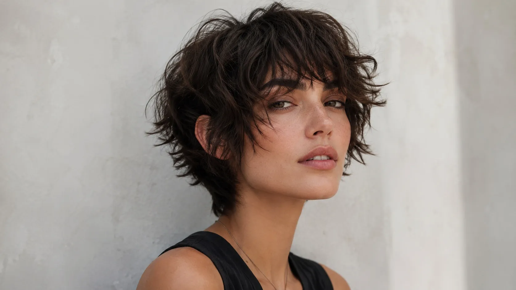 Woman with a short choppy shag haircut featuring tousled waves, razor-cut layers, a textured crown, and wispy bangs framing her face.