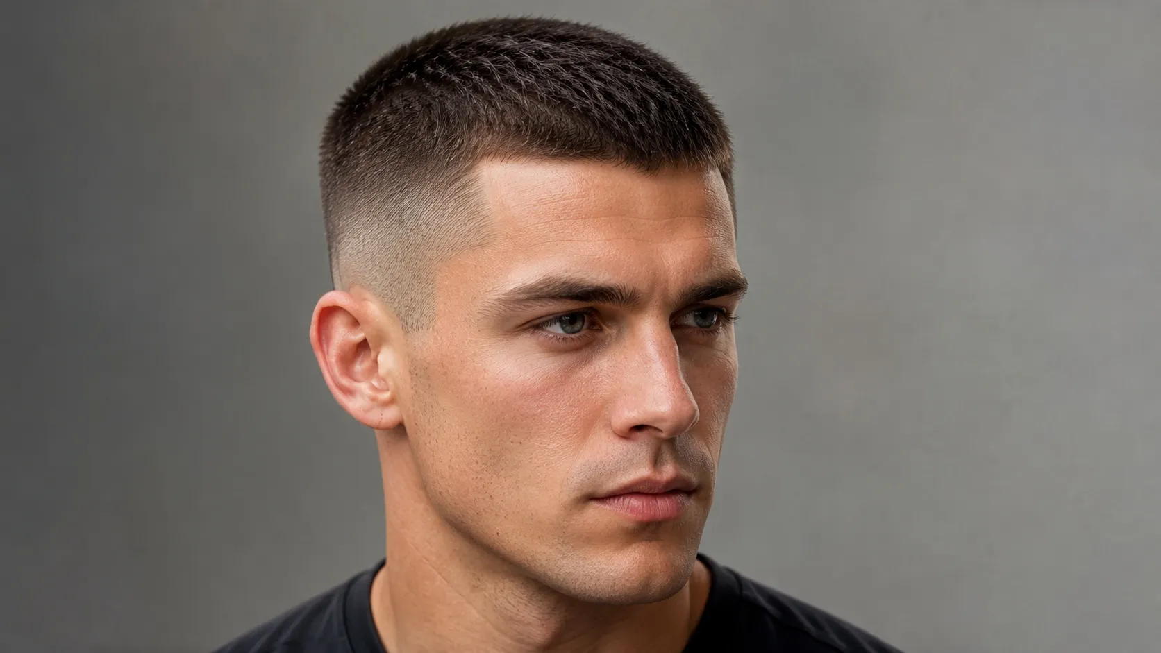Close-up portrait of a man with a classic crew cut, featuring short tapered sides, a clean low fade, and slightly longer dark hair on top.