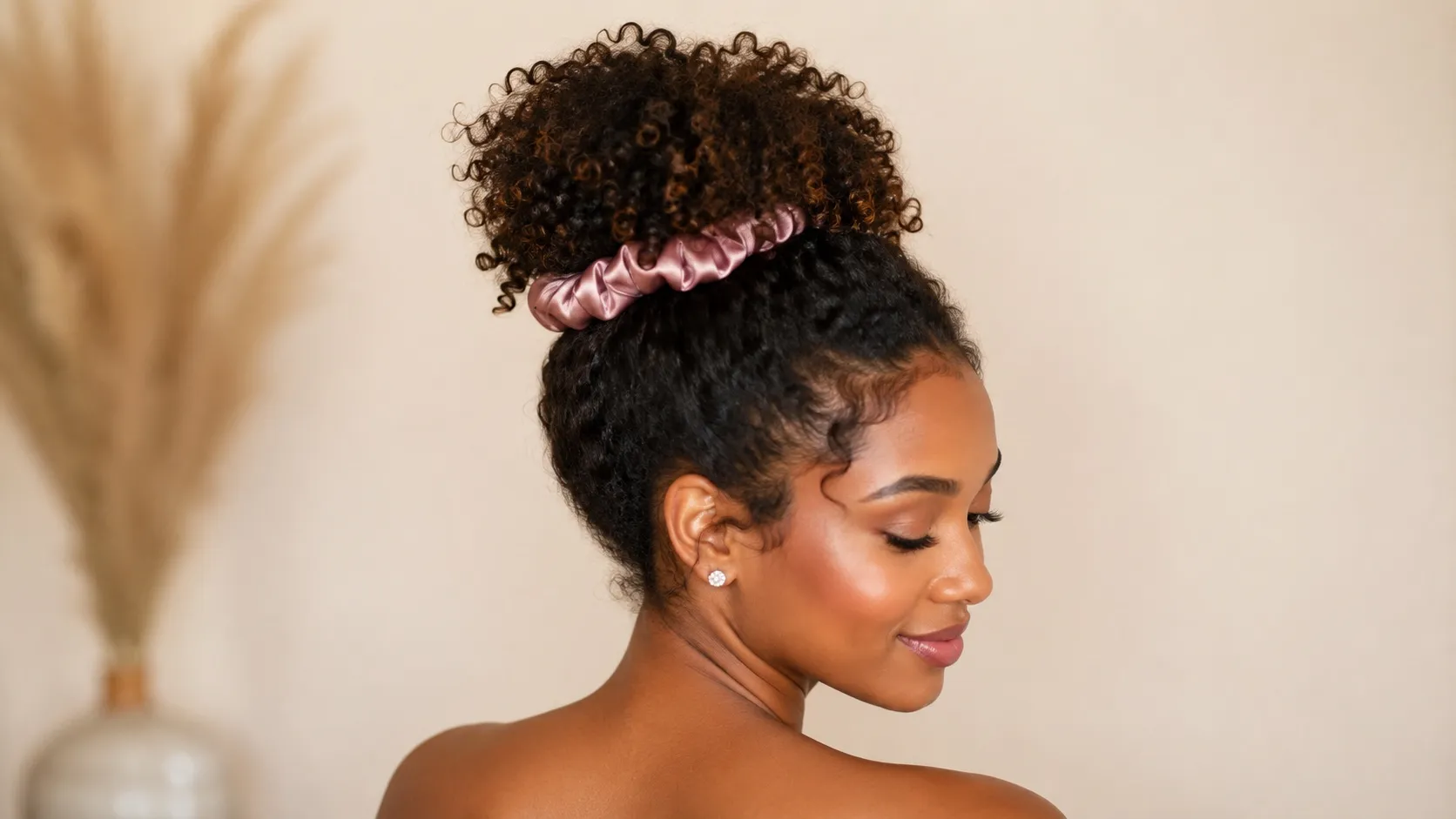 A woman with natural curly hair styled into a voluminous high curly puff secured with a soft satin scrunchie, showcasing her natural texture and elegant beauty.
