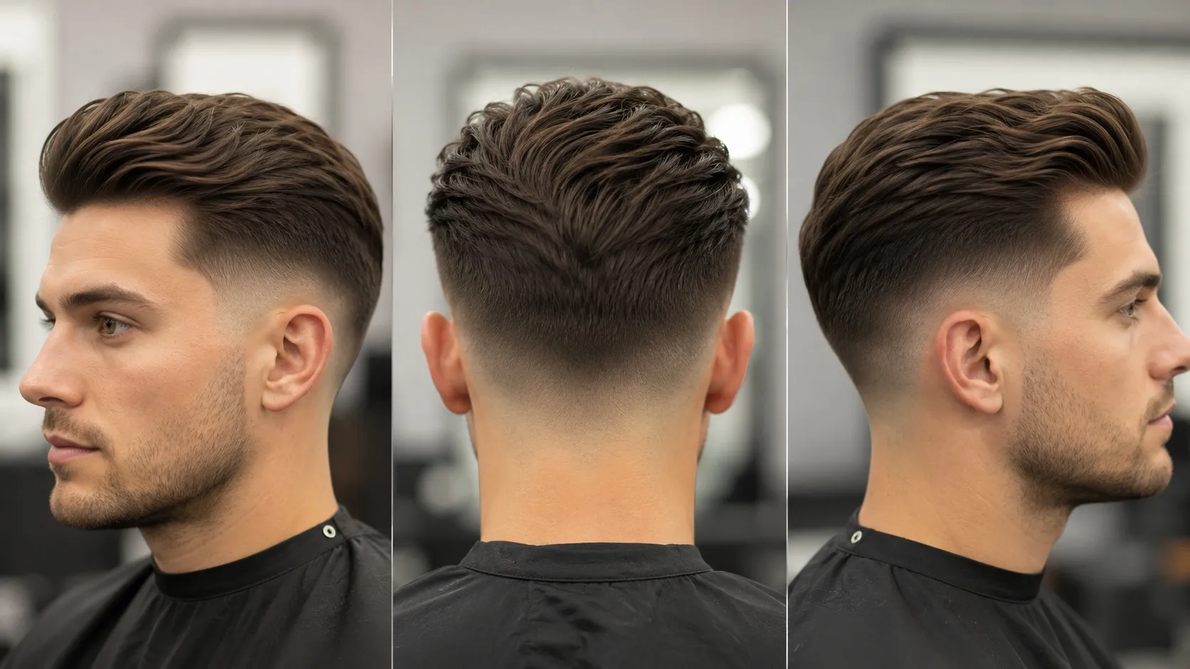 Three-angle view of a modern low-taper fade haircut with textured volume on top and a clean, blended finish.