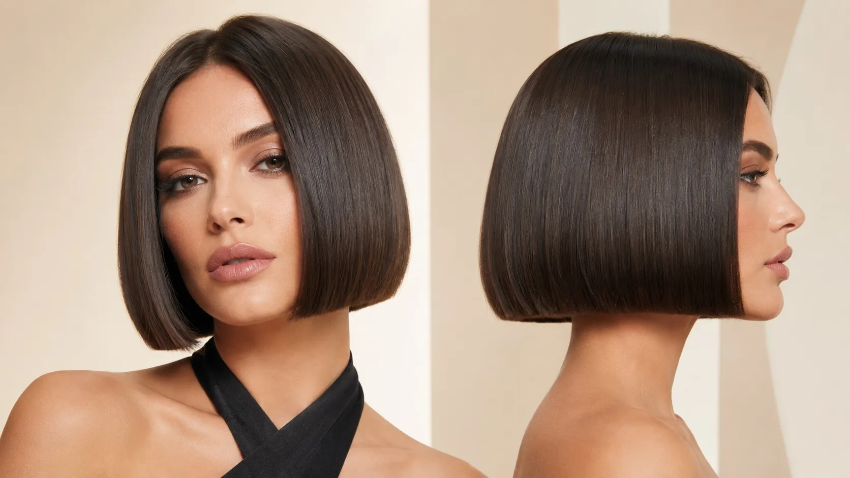 Front and side views of a woman with a sleek, glossy, jaw-length blunt bob featuring precise straight ends.