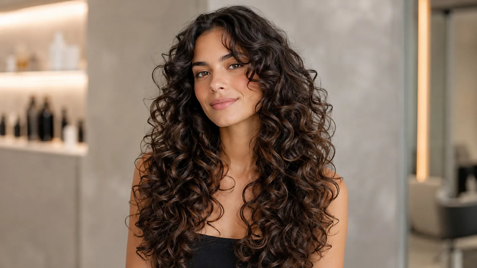 A woman with long, voluminous curly hair styled in classic long layers, showing soft blended curls, reduced bulk, and natural movement in a modern salon setting.