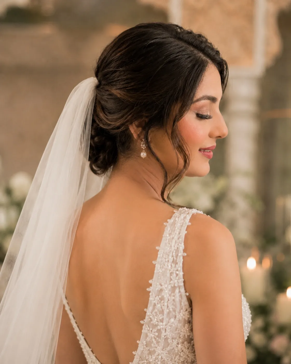 A timeless and elegant bridal hairstyle featuring a textured low bun updo paired with a classic sheer tulle veil and soft, face-framing curls.