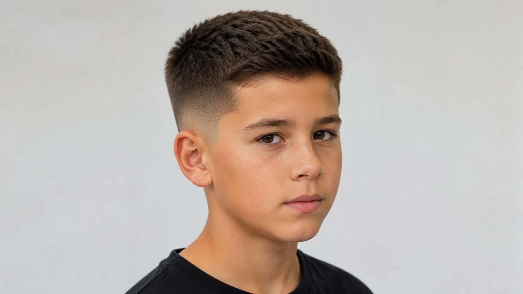 Young boy with a neat classic low-fade crew haircut, featuring short faded sides and a slightly longer textured top.