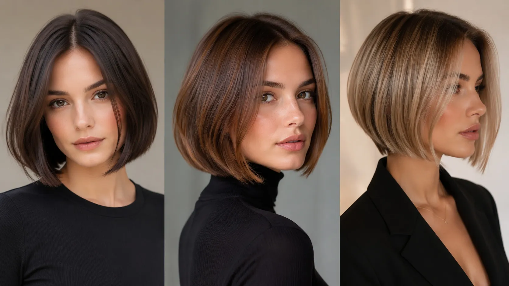 Three stylish women showcasing classic and modern bob haircut styles with sleek, short hair looks