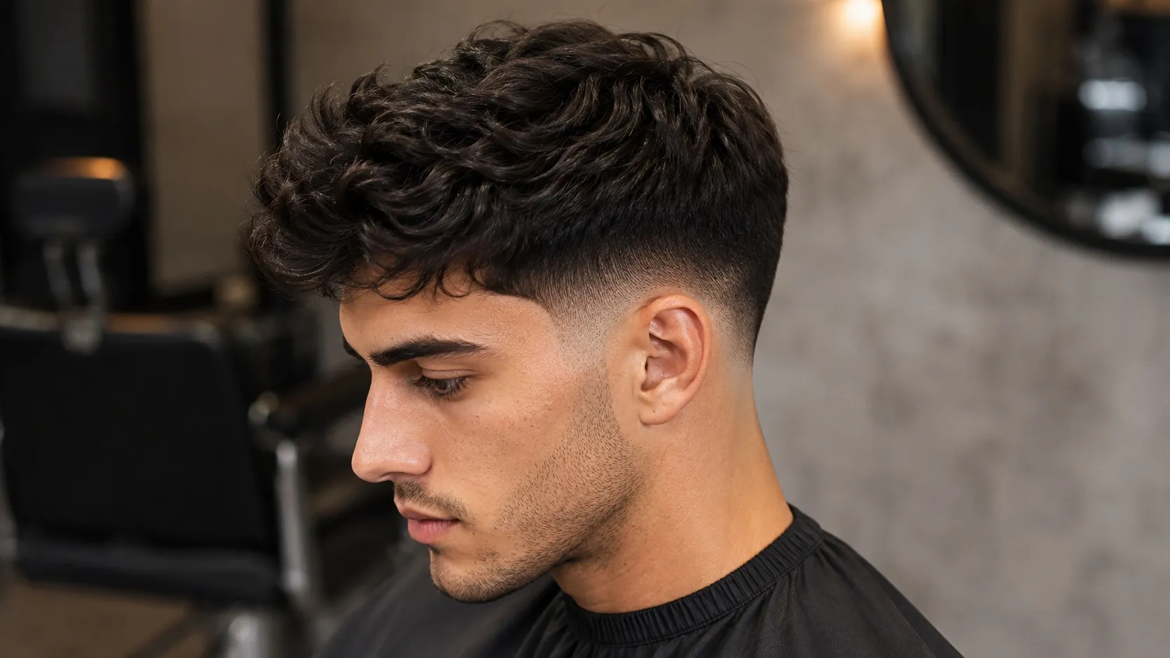 Side-profile portrait of a young man with a clean taper fade, smoothly blended sideburns, and thick, naturally wavy hair on top.