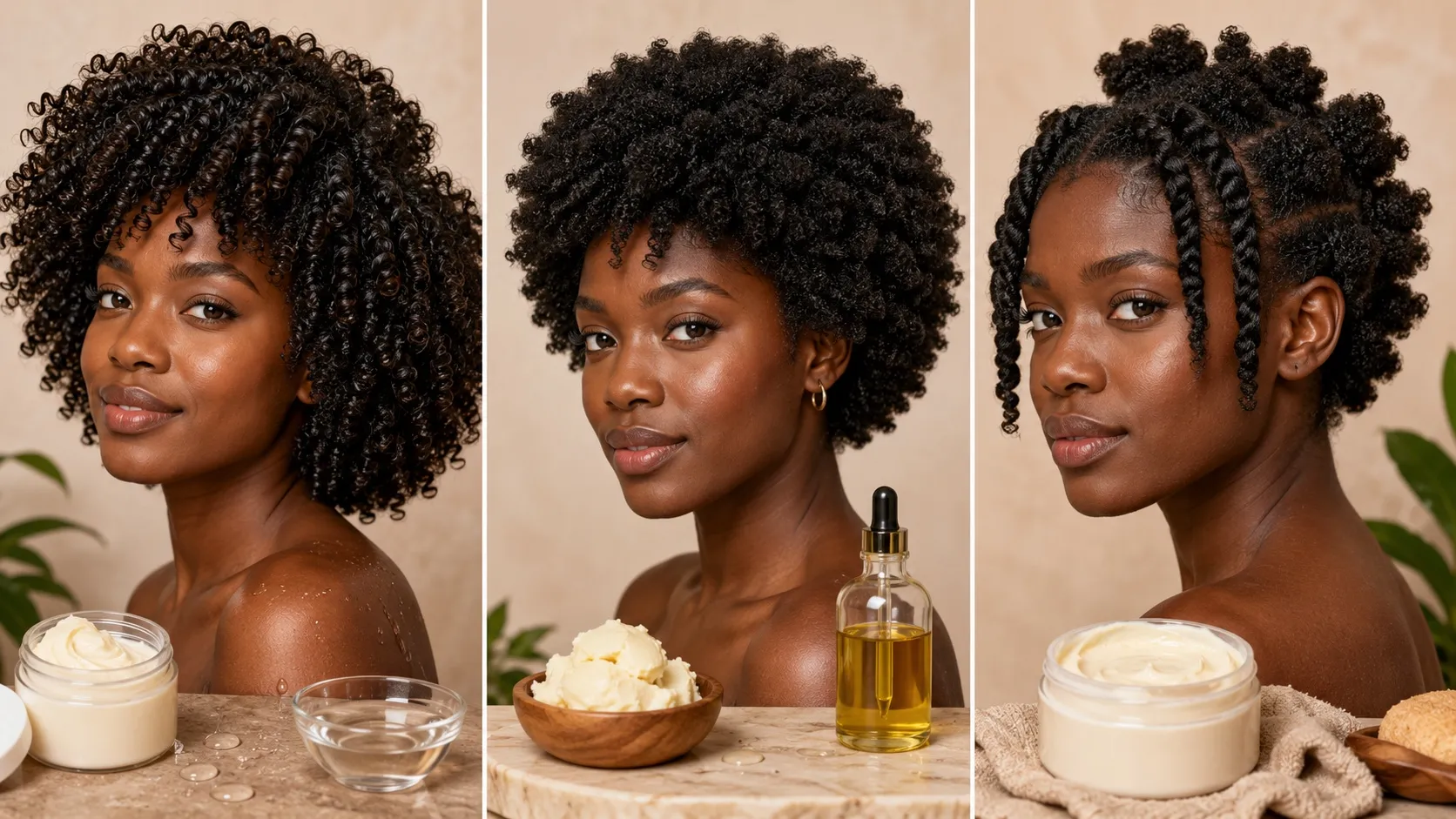 A three-panel beauty image showing three women with different coily and kinky hair textures. The first panel shows defined, springy 4A curls with moisture-focused hair care products. The second panel shows dense 4B coils with natural butter and oil-based hair care ingredients. The third panel shows tightly coiled 4C hair with protective styling and deep conditioning products. The image highlights differences in curl definition, density, shrinkage, and natural hair care needs.