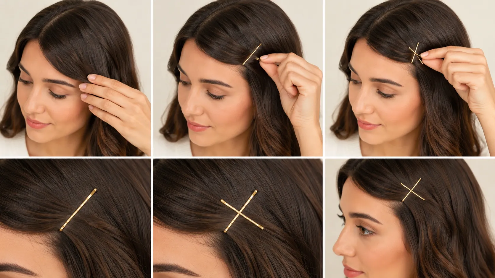 A step-by-step collage showing a woman securing side-swept bangs with two gold bobby pins crossed into an X shape.