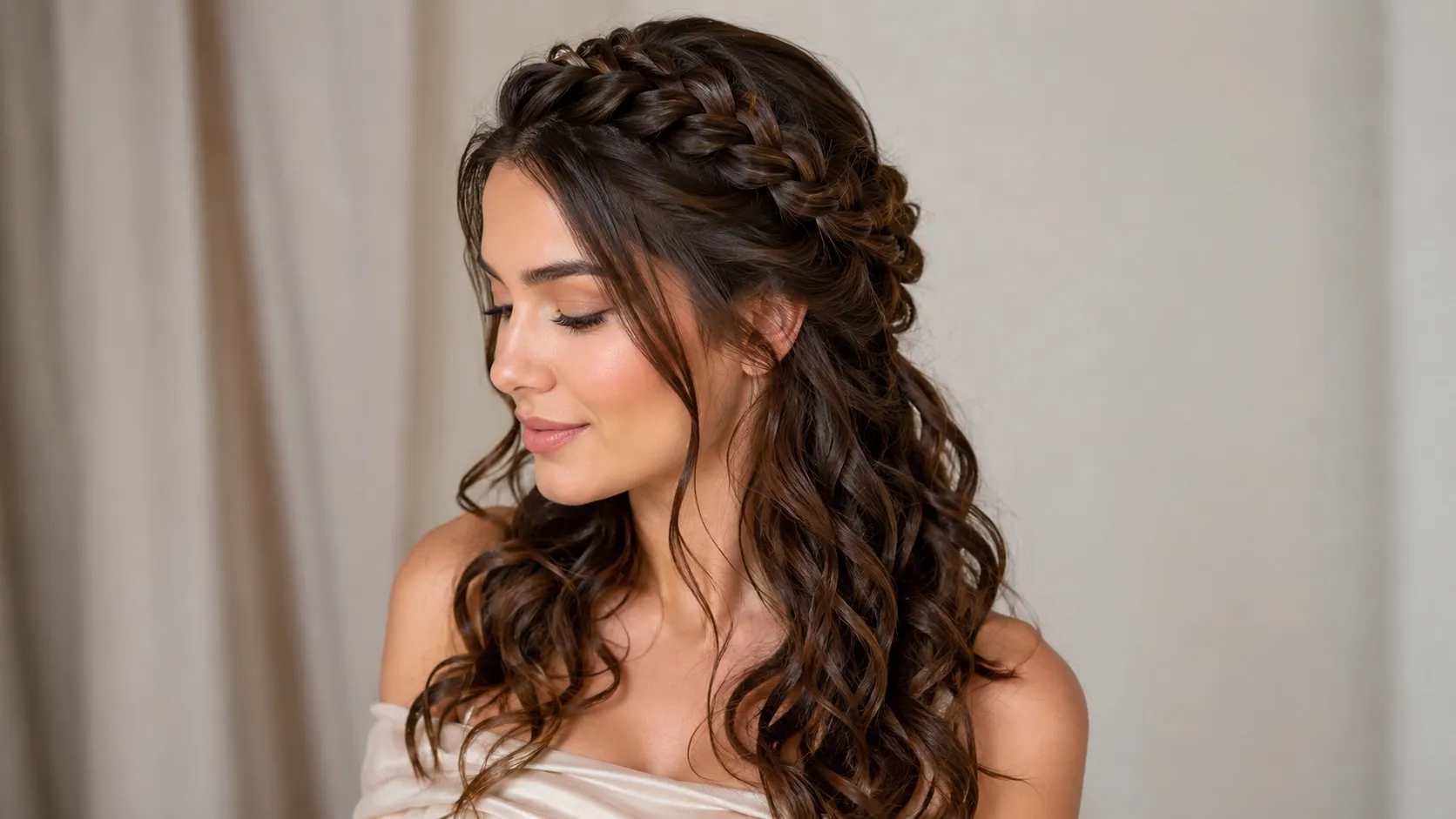 Elegant woman wearing a braided crown hairstyle with long, soft, defined curls in a romantic bohemian formal look.
