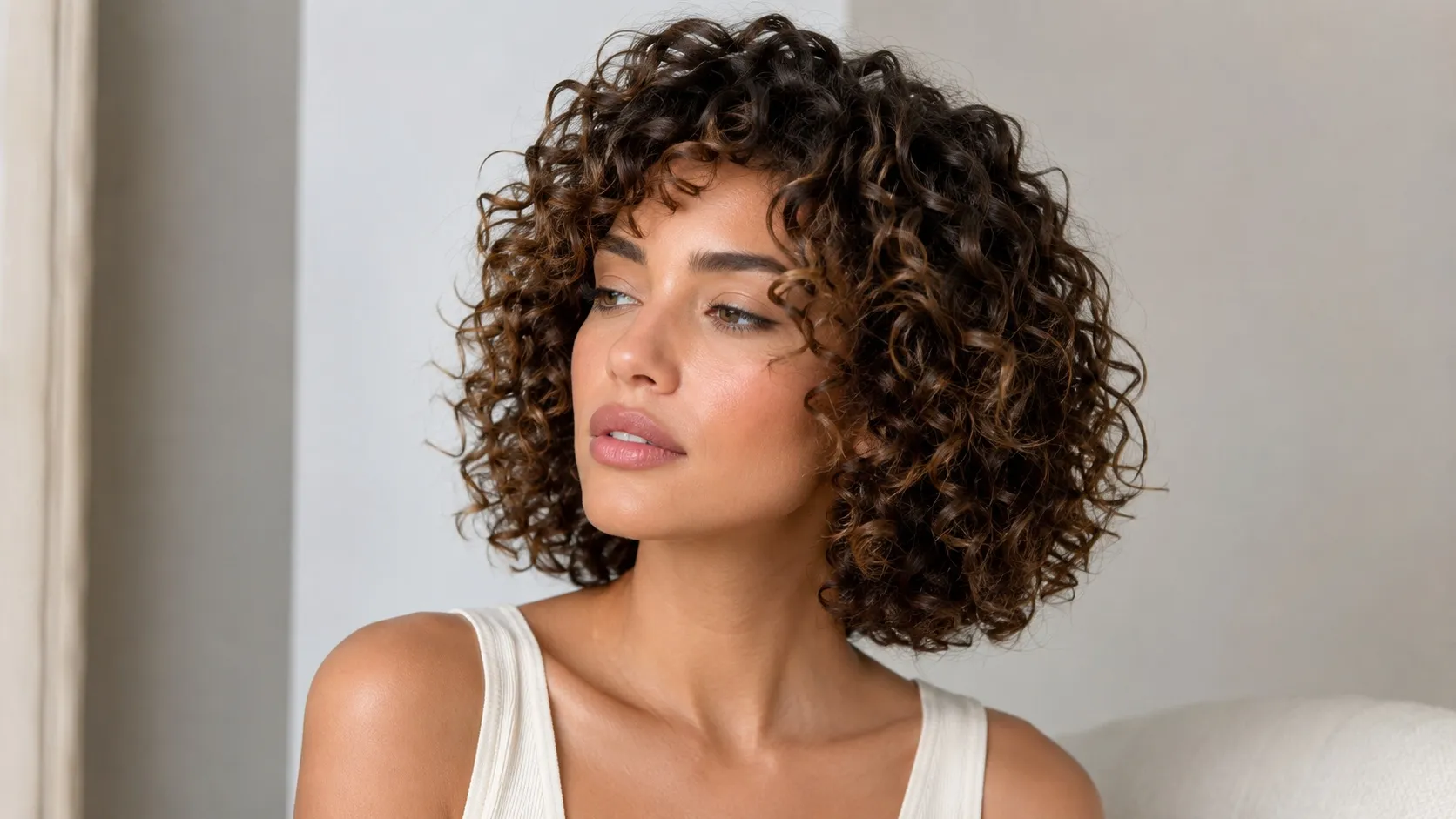 A woman with a short curly bob haircut featuring defined 3A to 3C curls, soft volume at the roots, and a rounded shape that frames her face in a modern salon-inspired style.