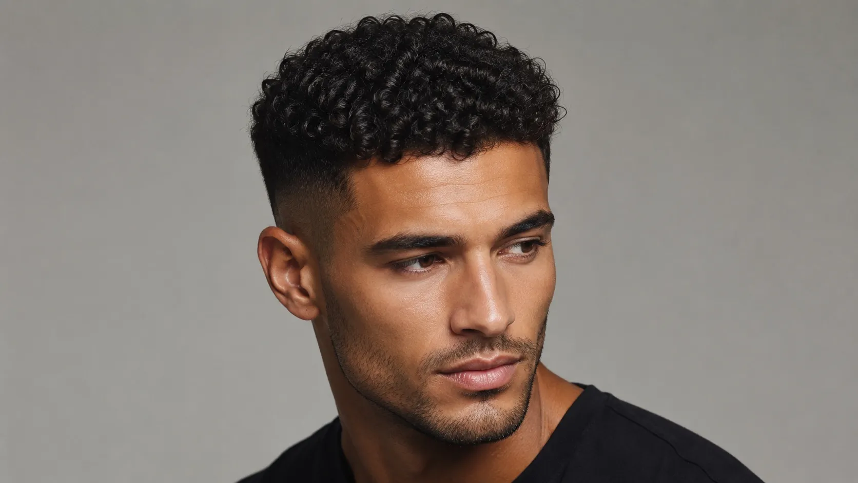 A young man with a stylish curly crop haircut featuring short faded sides and dense textured curls on top, photographed in a clean studio setting.