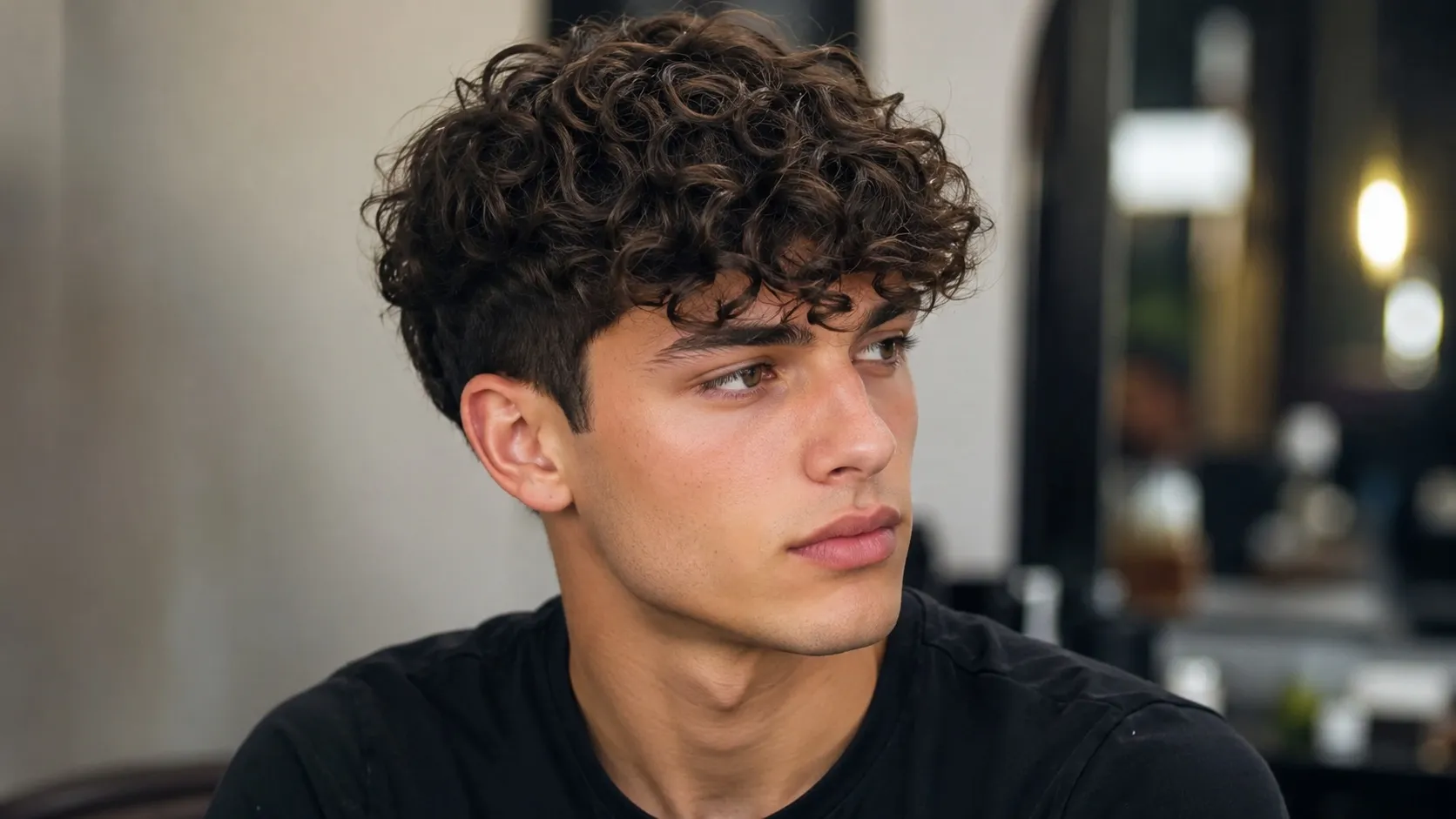 A young man with a stylish curly fringe haircut, featuring natural curls falling forward across the forehead and a voluminous textured top. The hairstyle looks thick, defined, and well-groomed with a soft barbershop background.