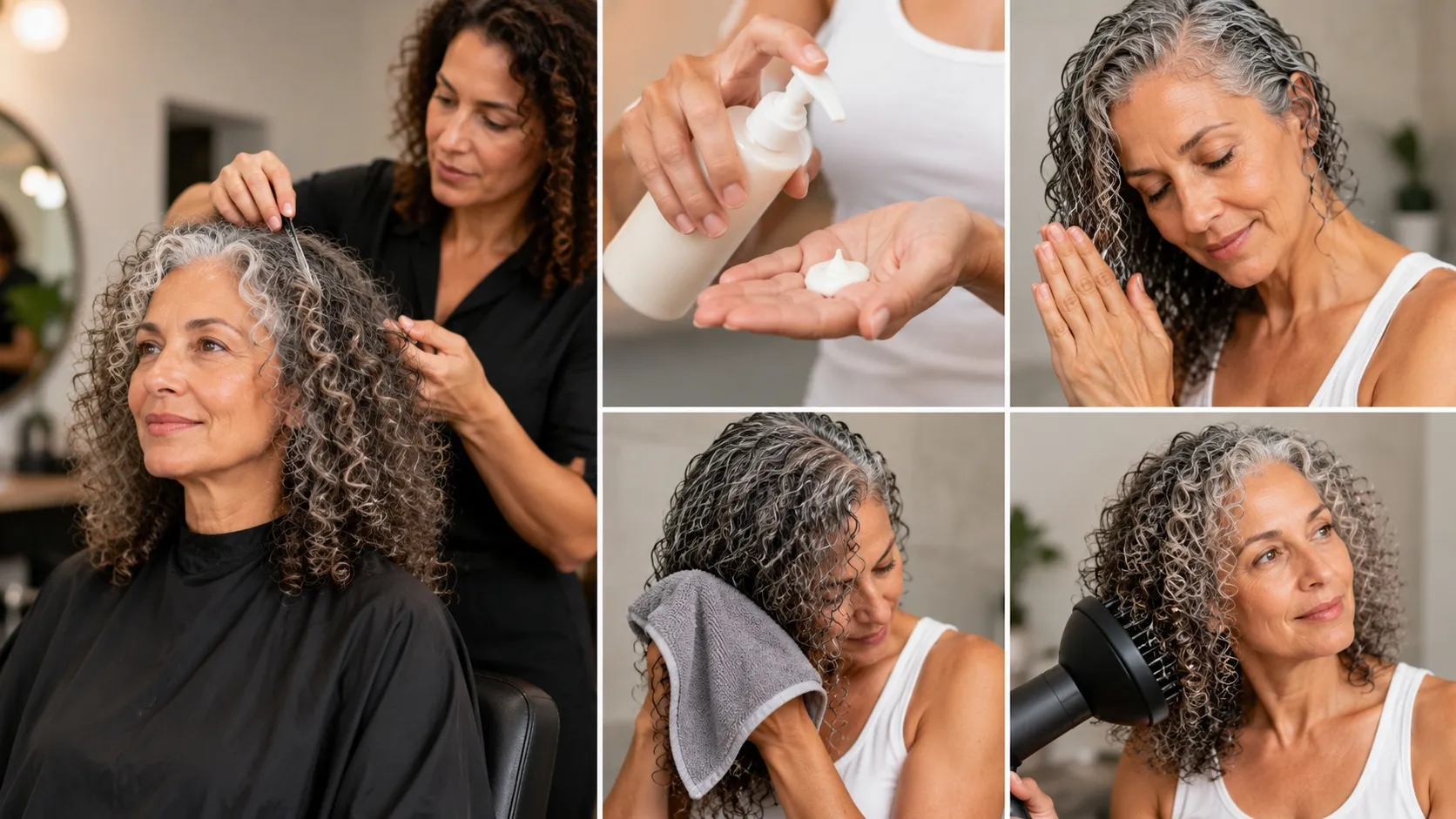 A collage showing a gray-haired woman with naturally curly hair receiving a dry curl haircut in a salon, applying styling cream with praying hands, gently scrunching wet curls using a microfiber towel, and finishing with a diffuser on low heat for defined, frizz-free curls.