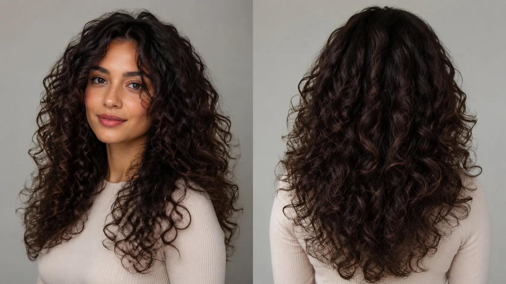 A woman with long, voluminous curly hair showing a layered haircut from front and back views, highlighting natural curls, texture, and lightweight movement.
