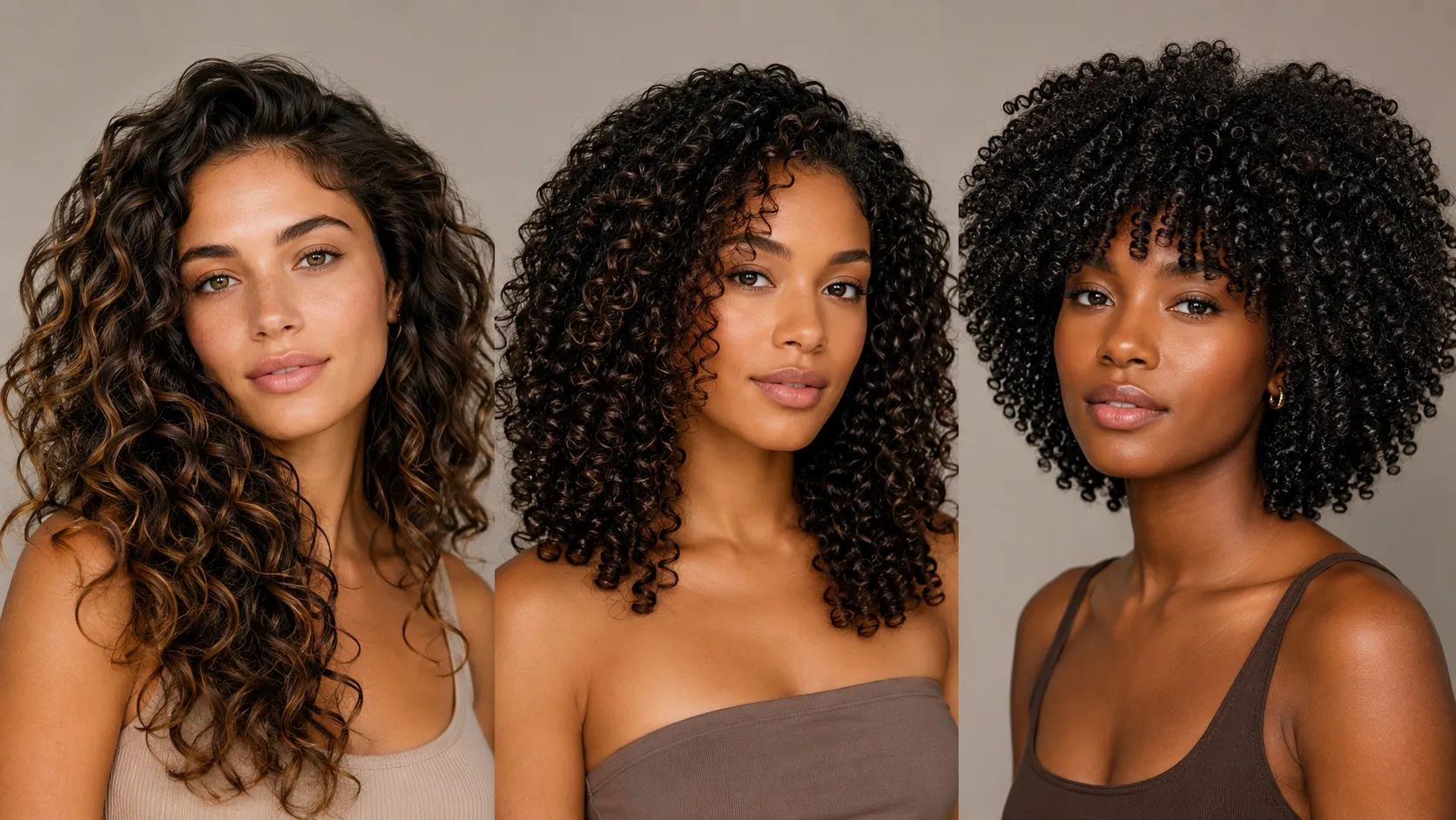 A side-by-side beauty portrait showing three women with different curly hair patterns: loose voluminous curls, defined springy ringlets, and dense tight corkscrew curls, representing Type 3A, 3B, and 3C curly hair textures.