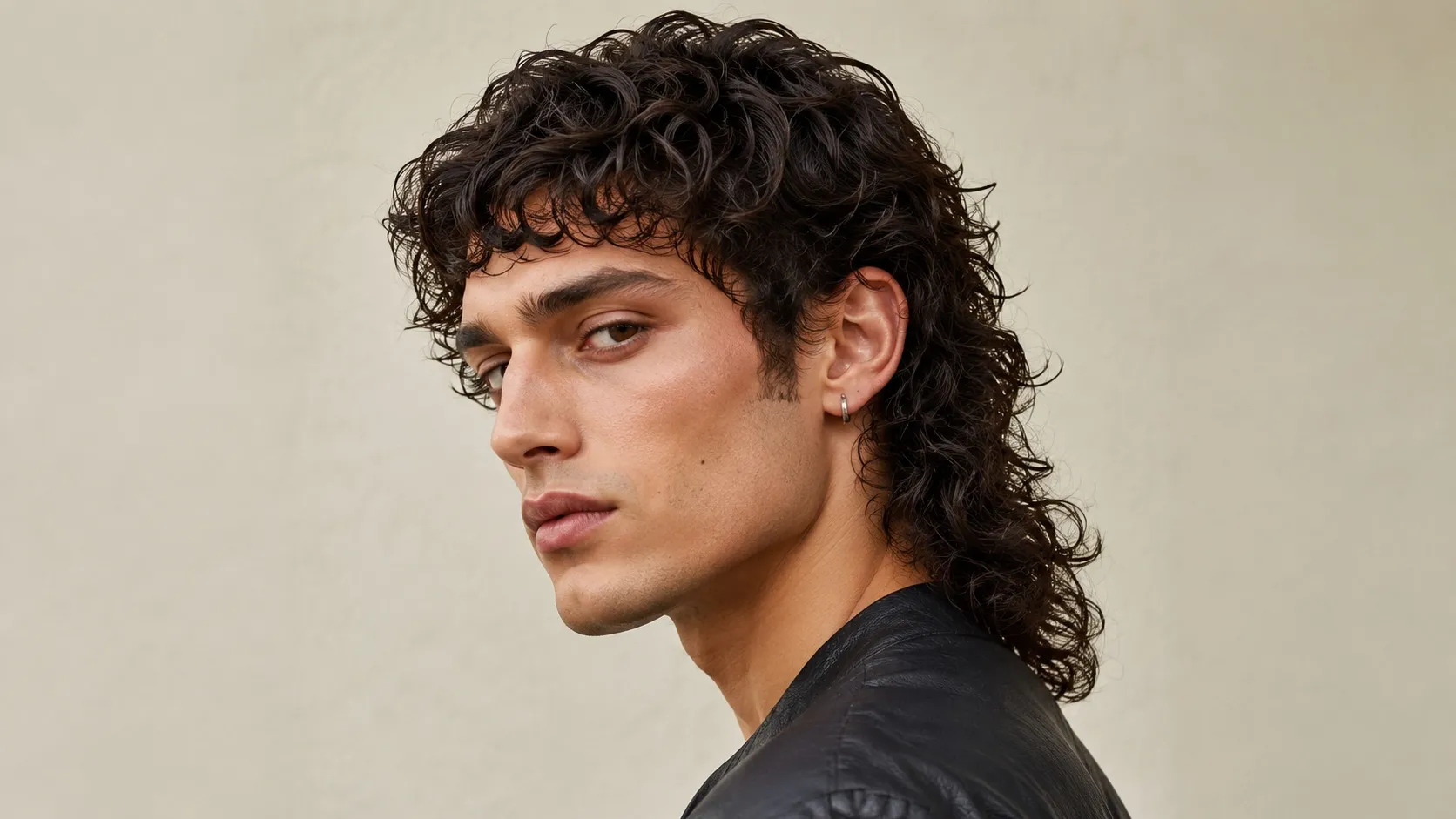 A young man showcasing a curly mullet hairstyle with short textured sides and front, combined with longer, voluminous curly hair at the back. The hairstyle has a natural, effortless look with defined curls and a modern fashion-inspired appearance.
