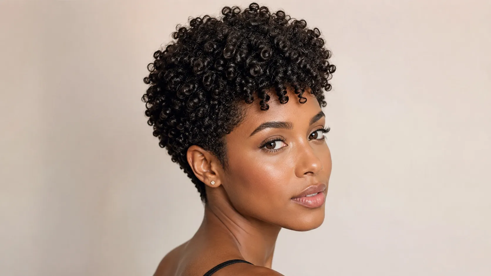 A woman with a short curly pixie haircut featuring dense, tight natural curls, a voluminous top, and neatly tapered sides and back.