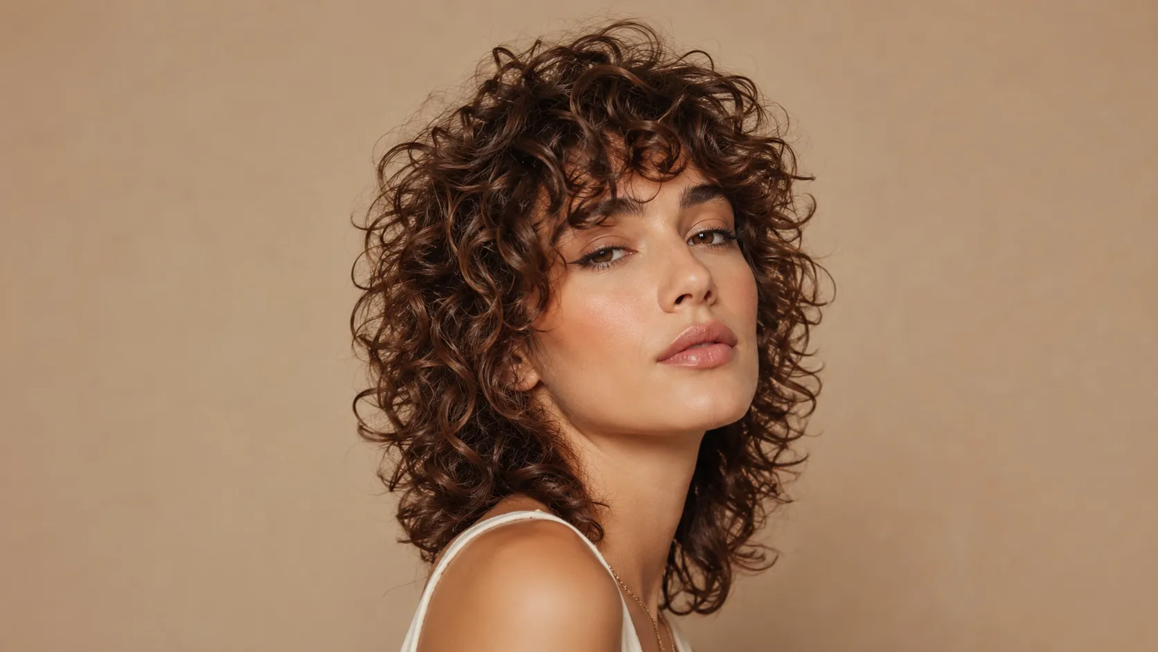 A woman with a modern curly shag haircut featuring short choppy layers at the crown, voluminous curls, textured waves, and a retro-inspired style in a studio portrait.