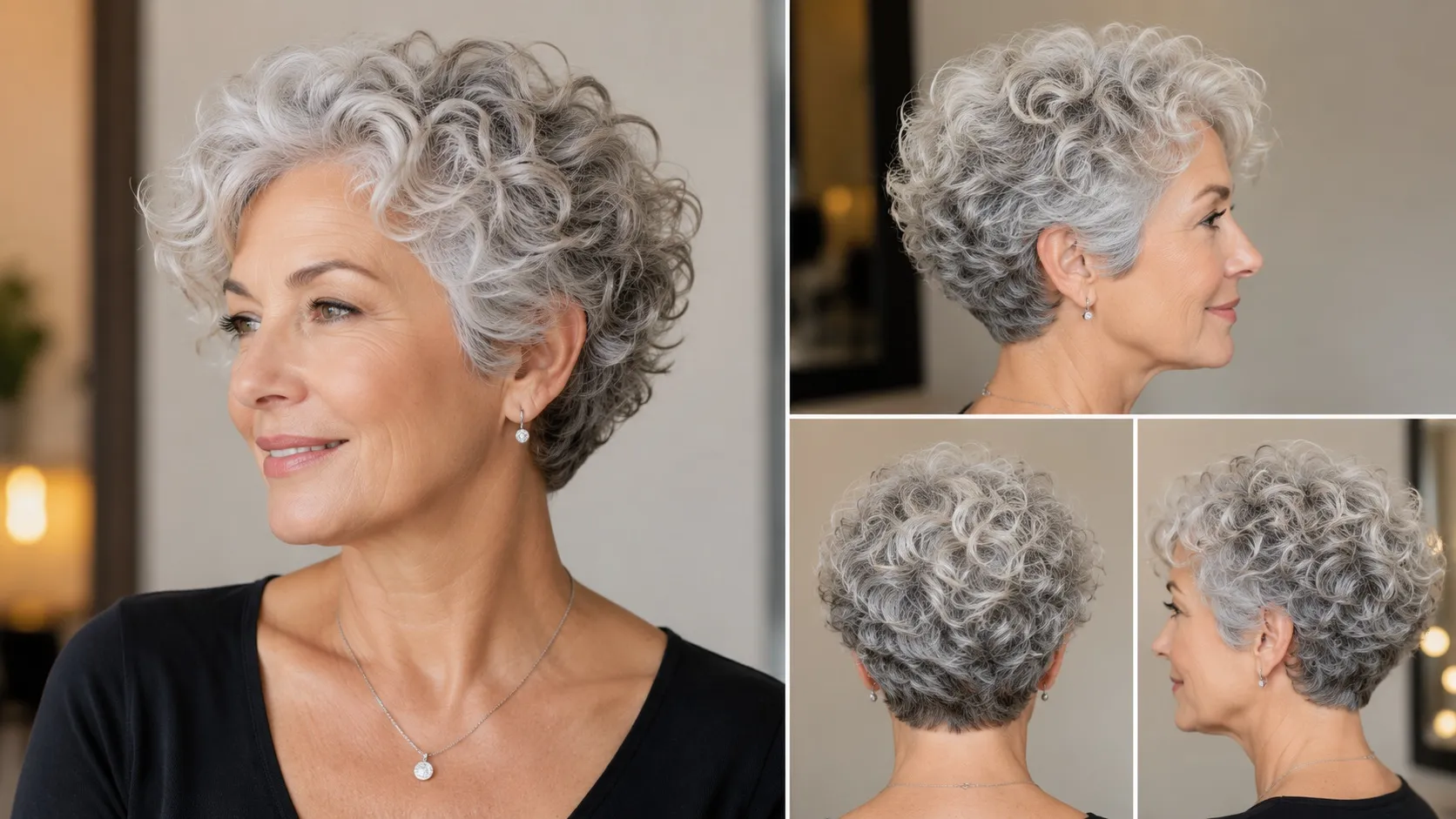 A mature woman with a short silver curly pixie haircut shown from multiple angles, highlighting soft, voluminous curls and a lightweight textured finish.