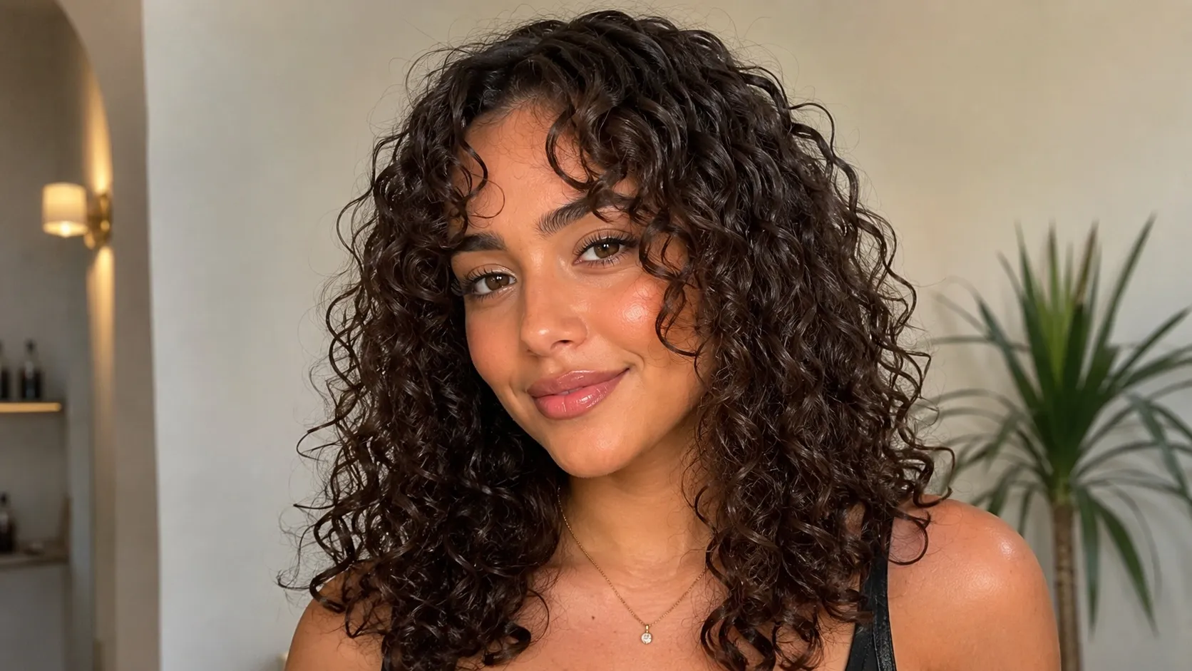 A woman with defined natural curly hair featuring soft curtain bangs that frame her face, eyes, and cheekbones. The curls are voluminous and glossy, styled in a modern curly hairstyle with a natural beauty look.
